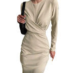 French Vintage Long-Sleeve Bodycon Midi Dress for Women, Round Neck