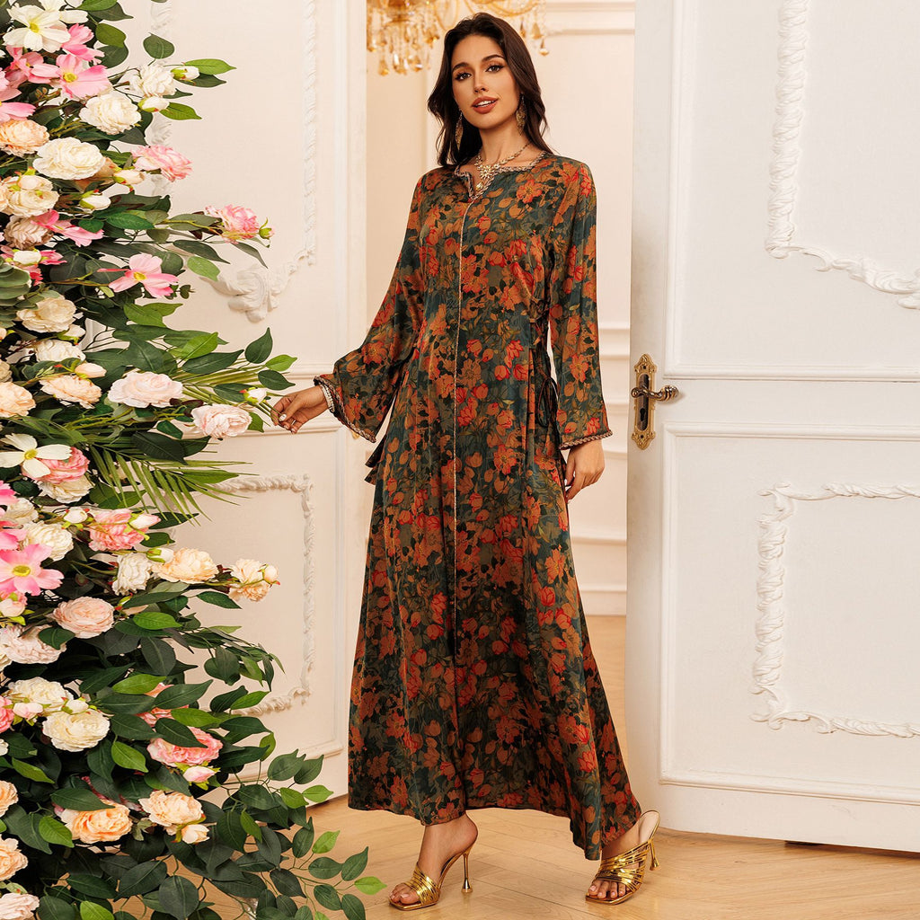 Printed Rhinestone Maxi Dress, Long Sleeve