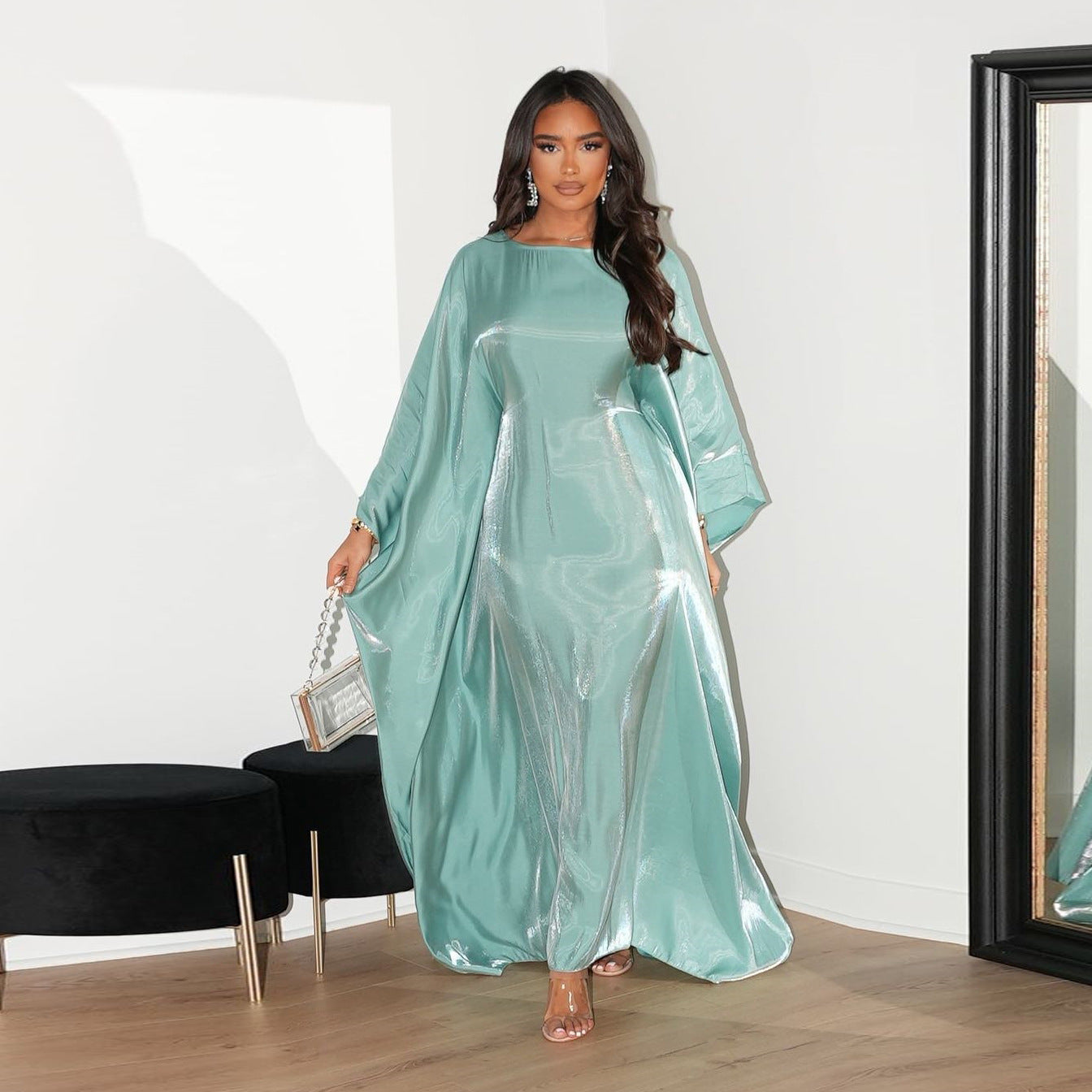 Shiny Satin Belted Maxi Dress