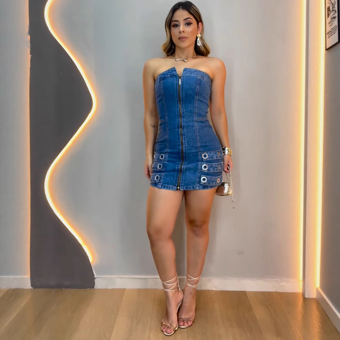 strapless denim bodycon dress Mini White / Large 85% COTTON Strapless Denim Bodycon Mini Dress