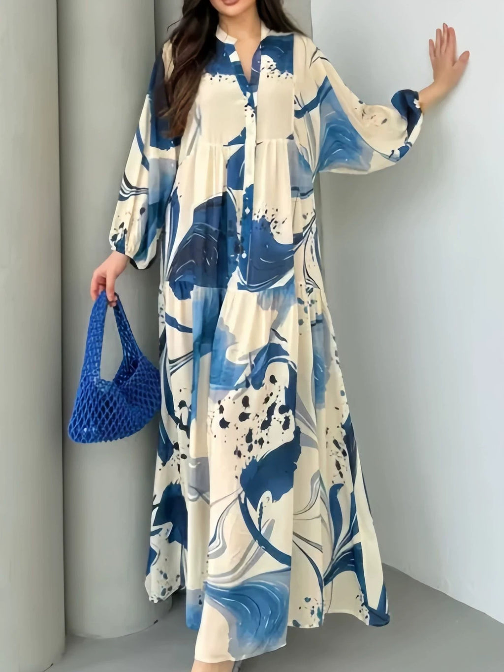 Printed Loose V-Neck Maxi Dress