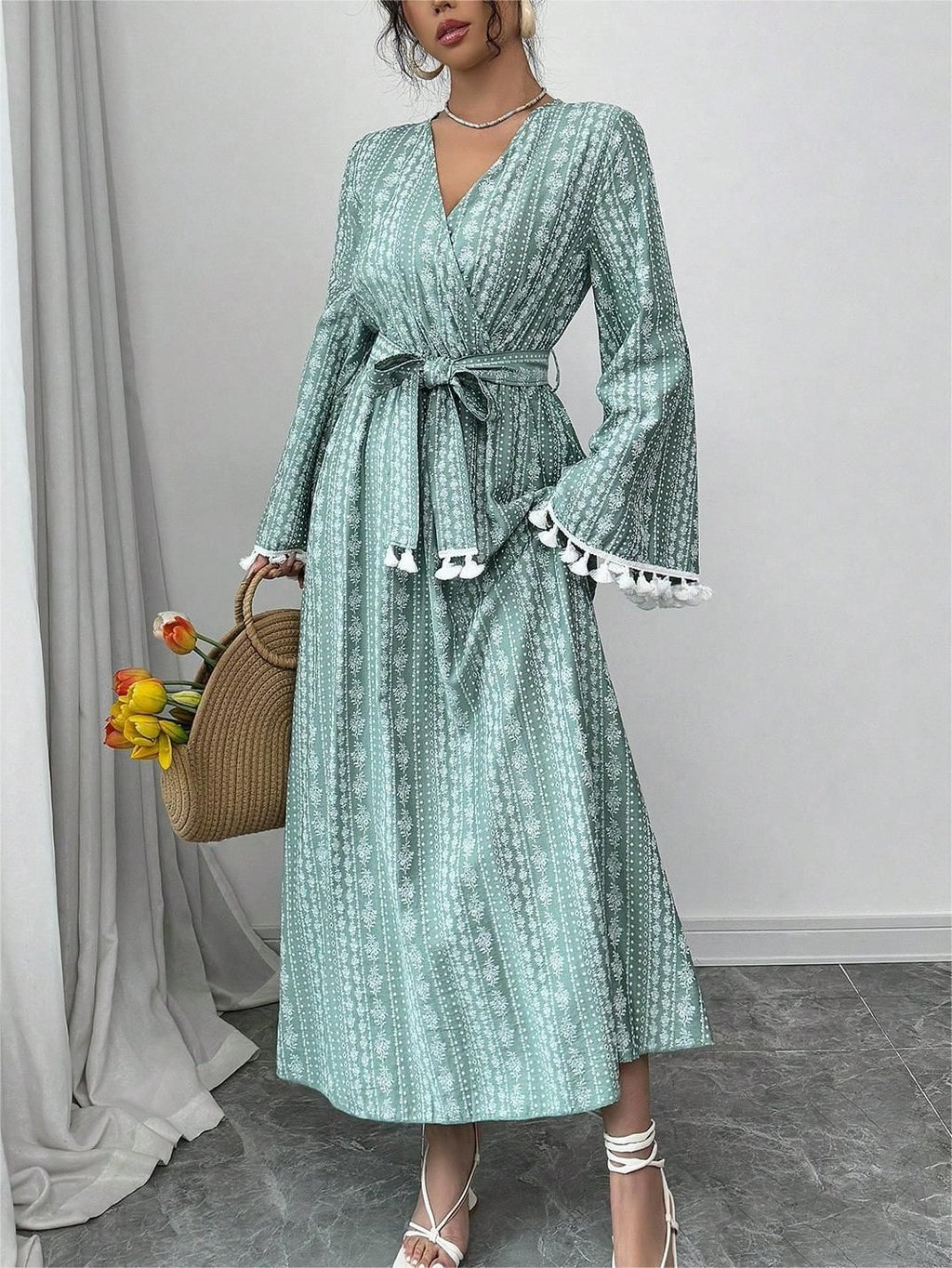 Lace Tassel Color-Block Maxi Dress for Women, Flared Sleeve