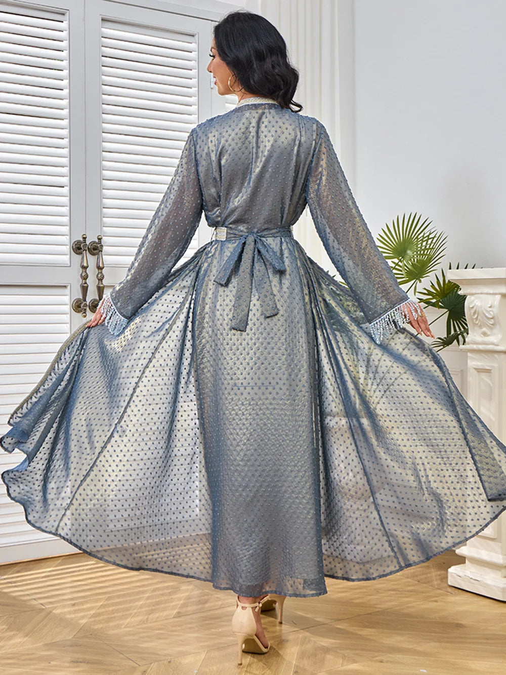 Floral Collar Long-Sleeve Maxi Dress