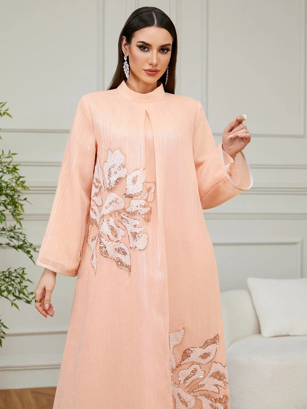 Floral High-Neck Long-Sleeve Maxi Dress
