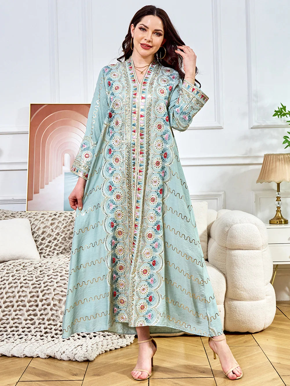 White & Green V-Neck Long-Sleeve Maxi Dress