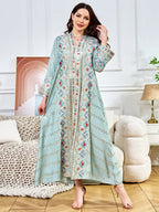 White & Green V-Neck Long-Sleeve Maxi Dress