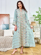 White & Green V-Neck Long-Sleeve Maxi Dress