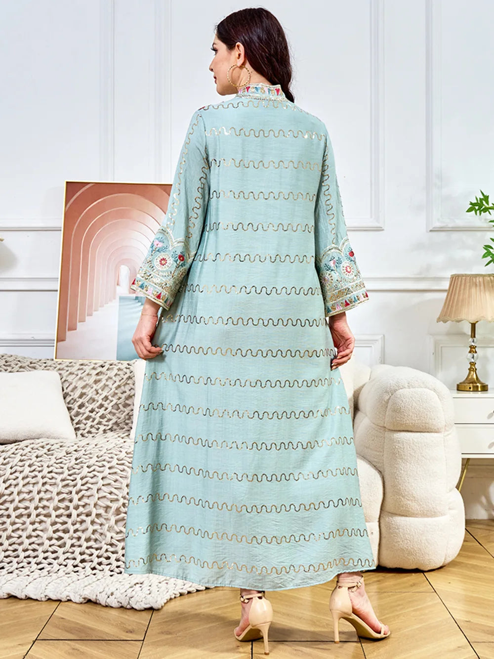 White & Green V-Neck Long-Sleeve Maxi Dress