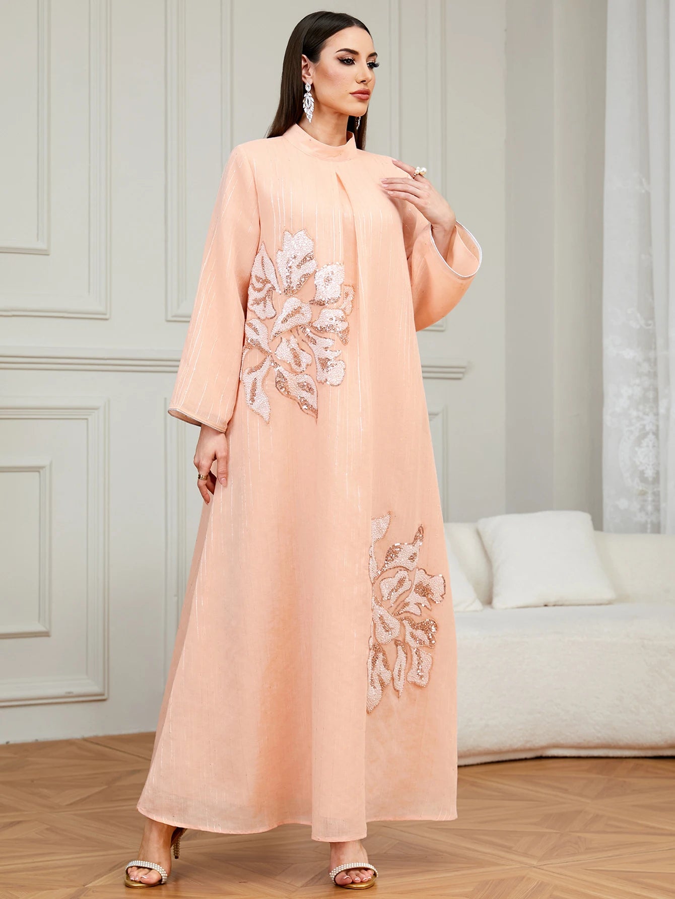 Floral High-Neck Long-Sleeve Maxi Dress