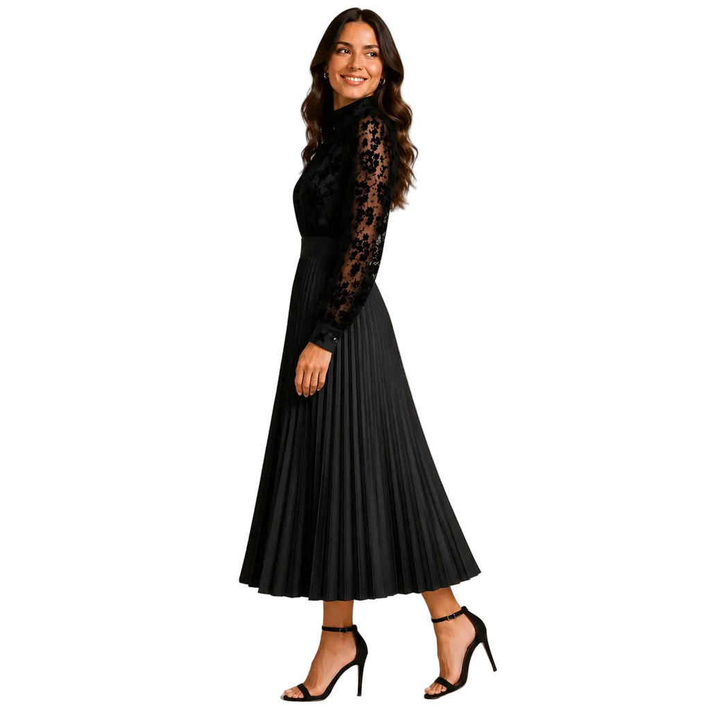 Tie-Neck High-Waist Pleated Maxi Dress