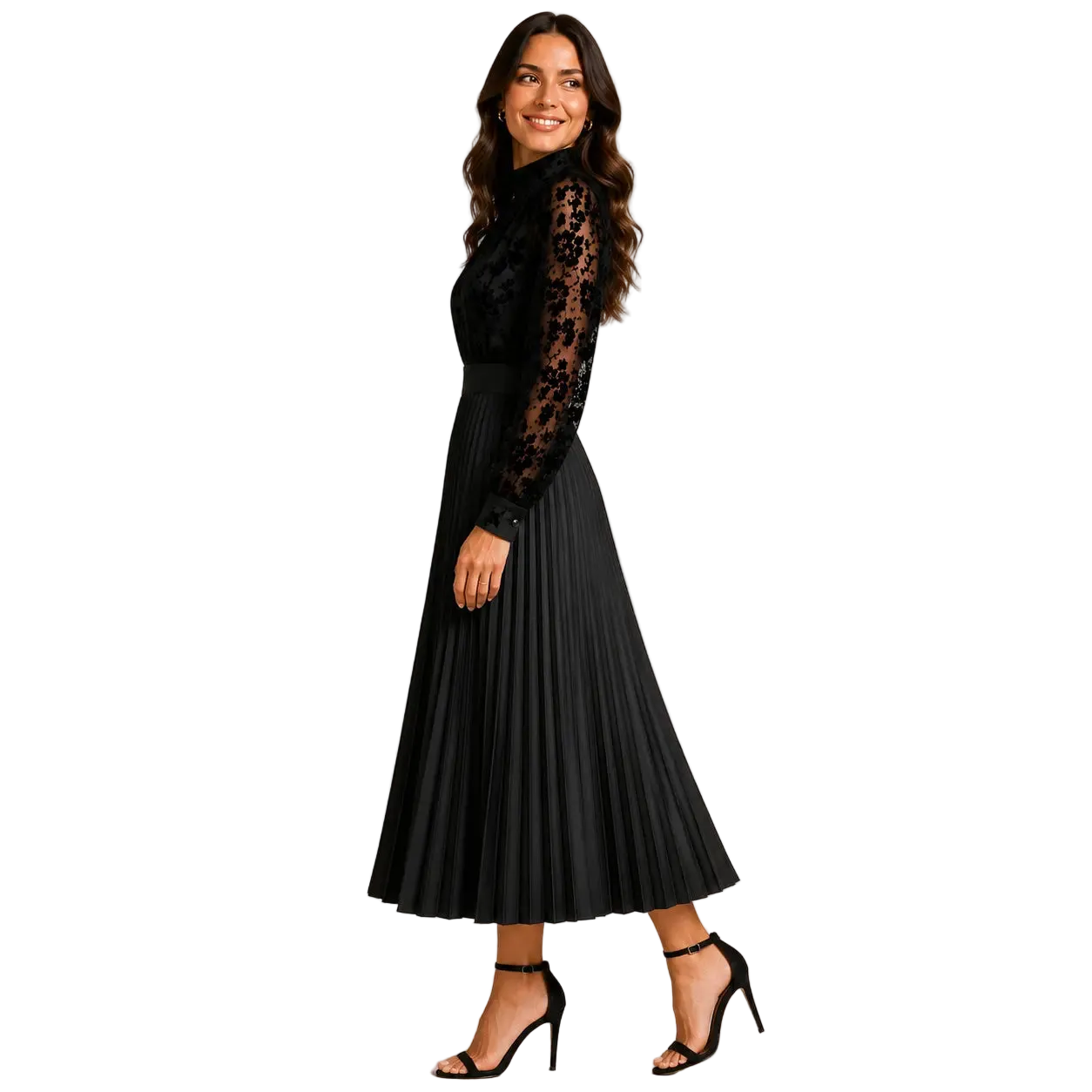 Tie-Neck High-Waist Pleated Maxi Dress