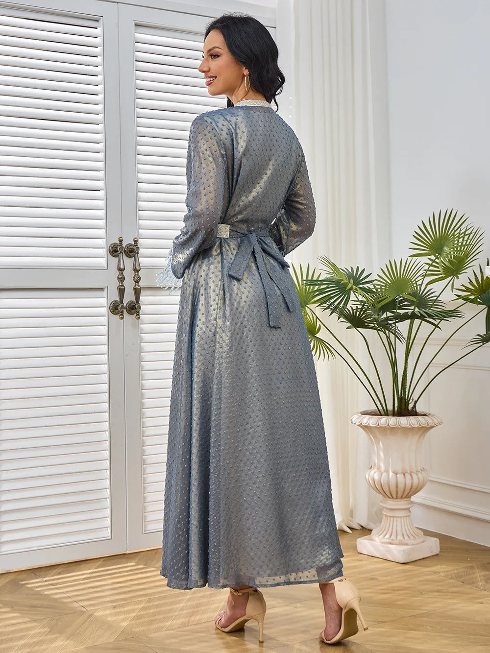 Floral Collar Long-Sleeve Maxi Dress